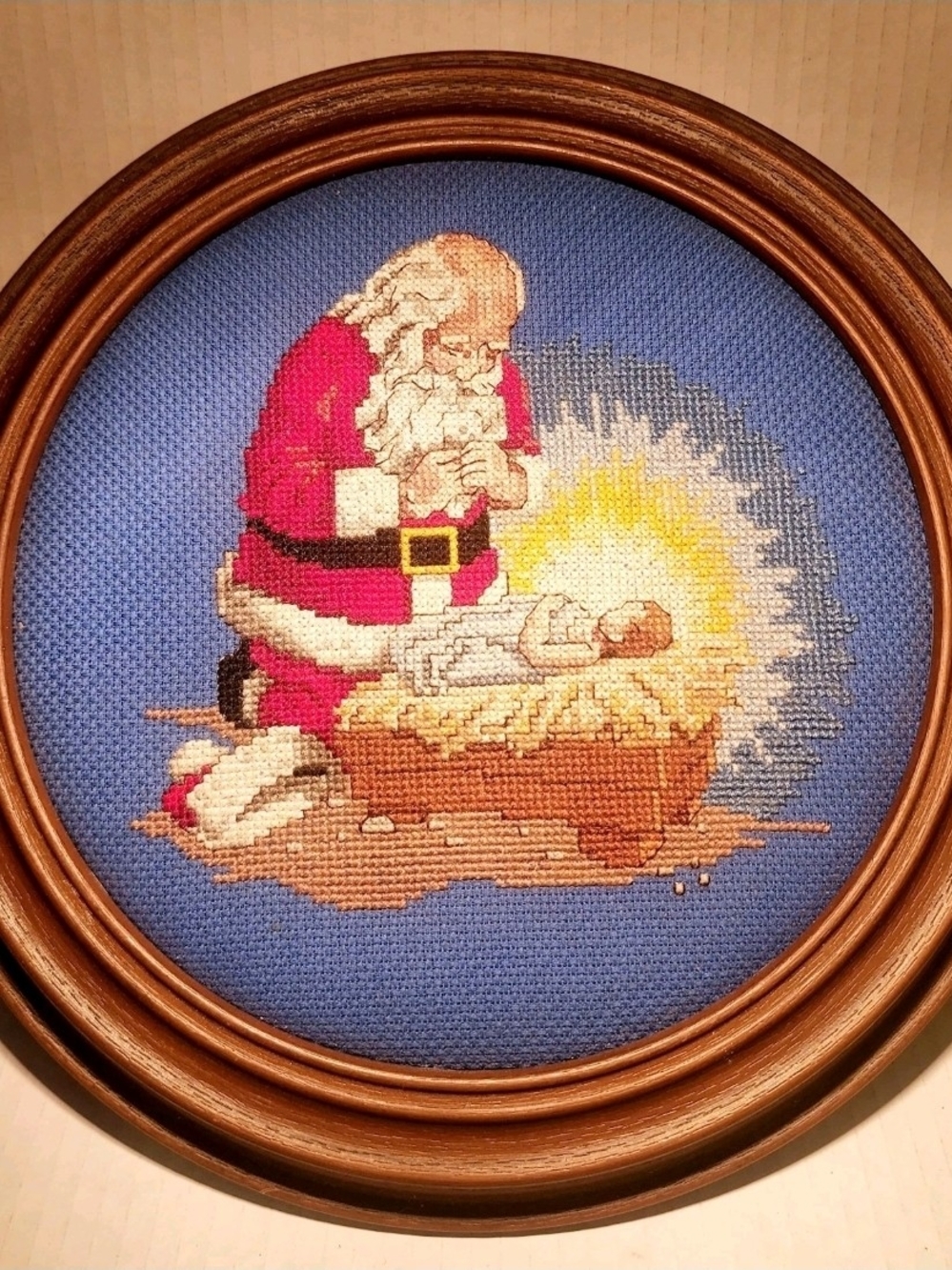 The Hampshire Christmas Needlepoint Art Santa w/Baby Jesus With Frame